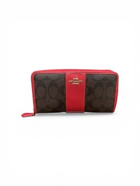 Coach Brown Signature Zip Wallet with Red Trim